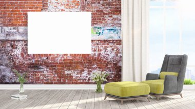 Boş çerçeve ile modern parlak iç. 3D render