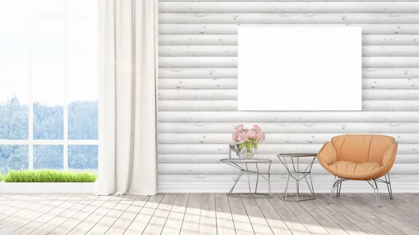 Modern bright interior with empty frame . 3D rendering — Stock Photo, Image