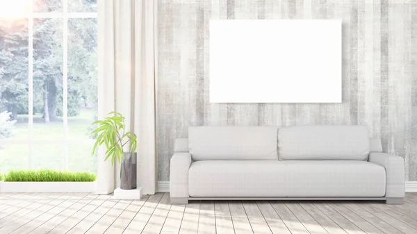 Moderno interno luminoso con cornice vuota. Rendering 3D — Foto Stock