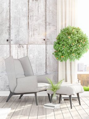 Modern parlak iç. 3D render