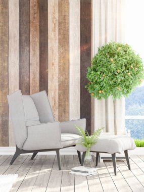 Modern parlak iç. 3D render