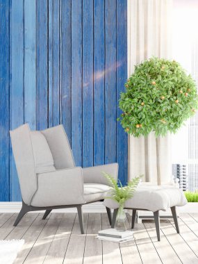 Modern parlak iç. 3D render