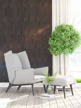 Modern parlak iç. 3D render