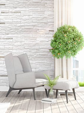 Modern parlak iç. 3D render