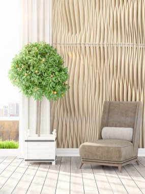 Modern parlak iç. 3D render