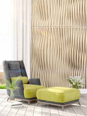 Modern parlak iç. 3D render