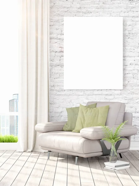 Modern interior with empty frame . 3D rendering — Stock Photo, Image