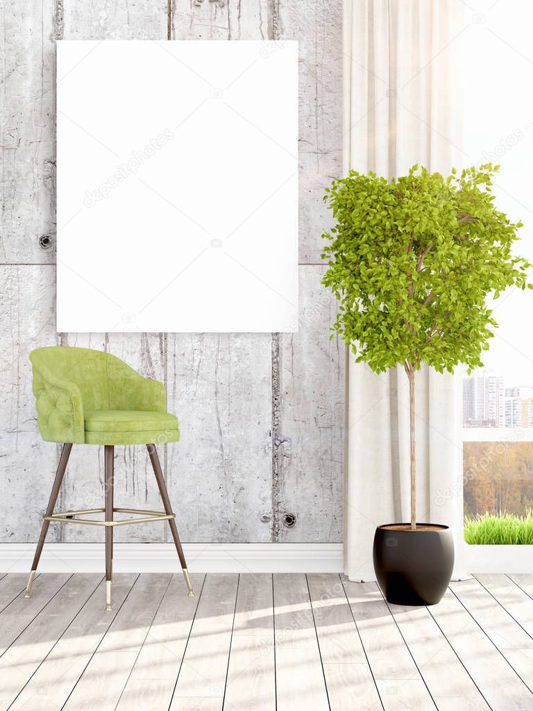 Modern interior with empty frame . 3D rendering