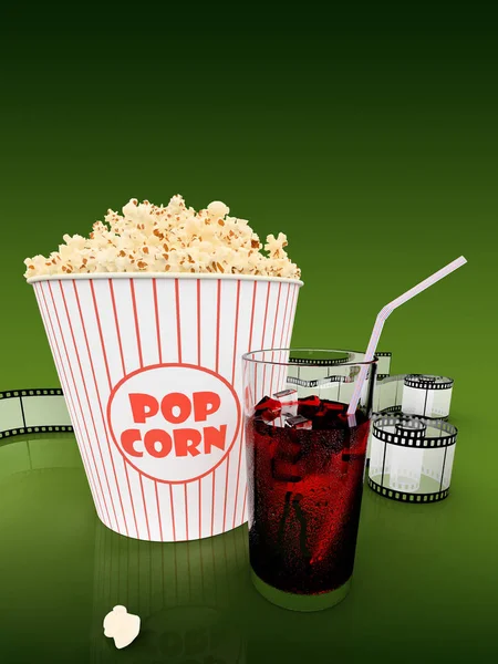Popcorn a rychlé občerstvení nápoje. 3drendering — Stock fotografie