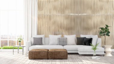 Modern parlak iç. 3D render