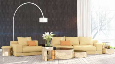 Modern parlak iç. 3D render