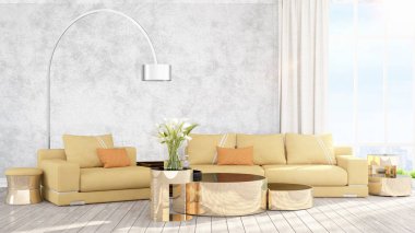 Modern parlak iç. 3D render