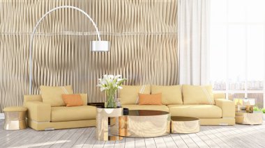 Modern parlak iç. 3D render