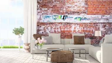 Modern parlak iç. 3D render