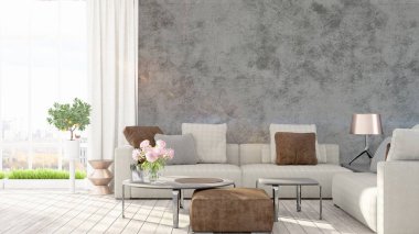 Modern parlak iç. 3D render