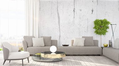 Modern parlak iç. 3D render