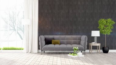 Modern parlak iç. 3D render