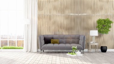 Modern parlak iç. 3D render