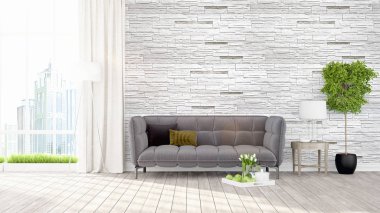 Modern parlak iç. 3D render