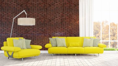 Modern parlak iç. 3D render