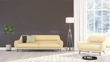 Modern parlak iç. 3D render