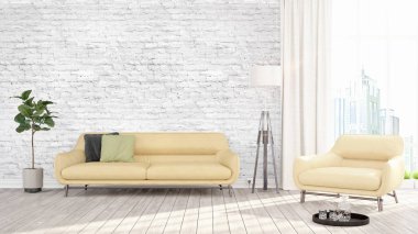 Modern parlak iç. 3D render