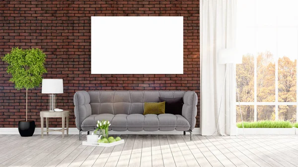 Modern interior with empty frame . 3D rendering — Stock Photo, Image