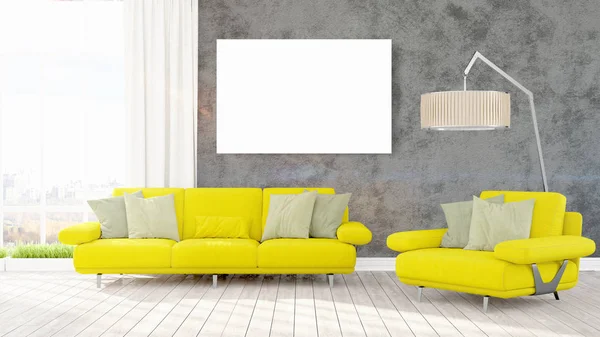 Modernes Interieur mit leerem Rahmen. 3D-Darstellung — Stockfoto