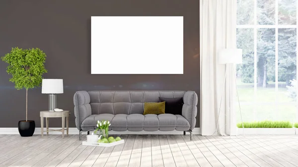 Modern interior with empty frame . 3D rendering — Stock Photo, Image