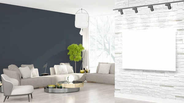 Modern inredning med öppen spis och trappa 3d — stockfotografi ...