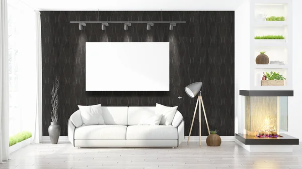Interior modern dengan bingkai kosong. Perender 3D — Stok Foto