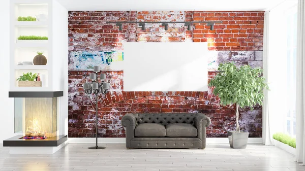 Modern interior with empty frame . 3D rendering — Stock Photo, Image