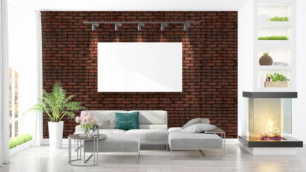 Modern interior with empty frame . 3D rendering — Stock Photo, Image