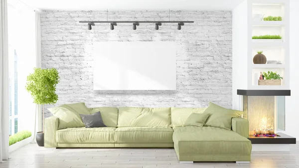 Modern interior with empty frame . 3D rendering — Stock Photo, Image