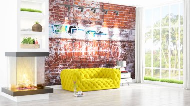 Modern parlak iç. 3D render