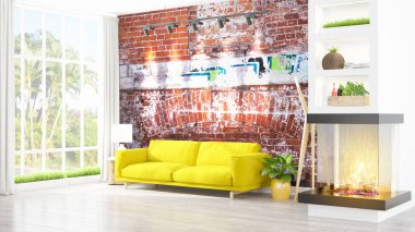 Modern parlak iç. 3D render