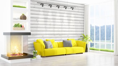 Modern parlak iç. 3D render