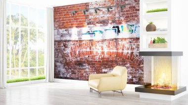 Modern parlak iç. 3D render