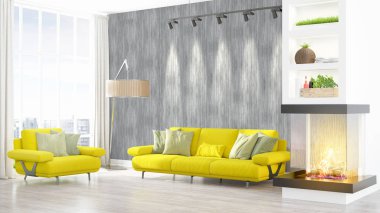 Modern parlak iç. 3D render