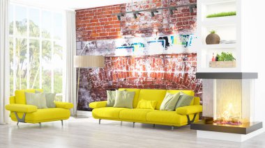 Modern parlak iç. 3D render