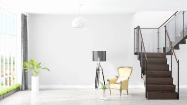 Modern parlak iç. 3D render
