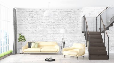 Modern parlak iç. 3D render