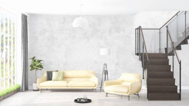 Modern parlak iç. 3D render