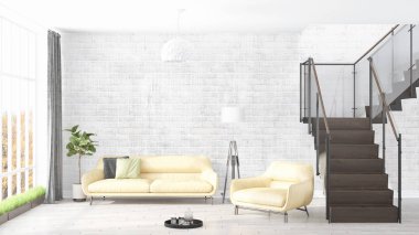 Modern parlak iç. 3D render