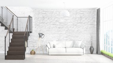 Modern parlak iç. 3D render