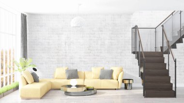Modern parlak iç. 3D render