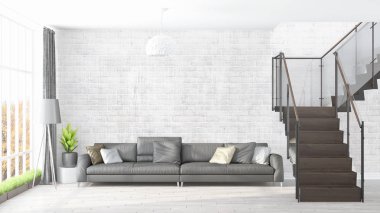 Modern parlak iç. 3D render