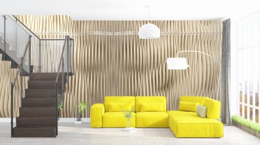 Modern parlak iç. 3D render