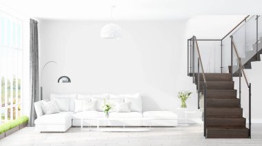 Modern parlak iç. 3D render