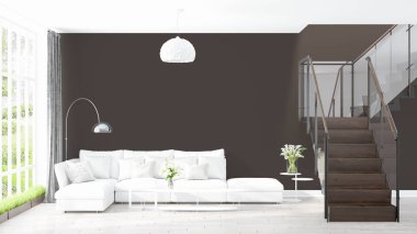 Modern parlak iç. 3D render